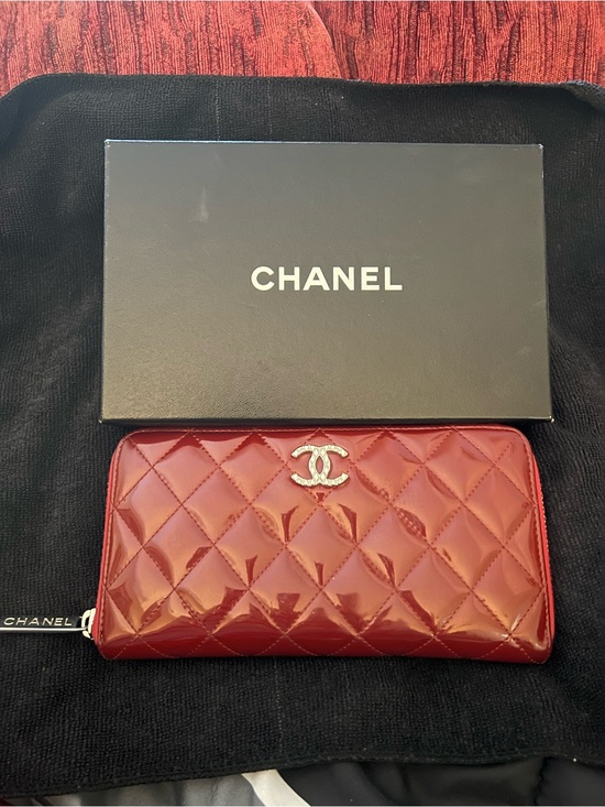 CHANEL Handbags - CHANEL Quilted Patent Leather Zip Wallet - Cherry Red